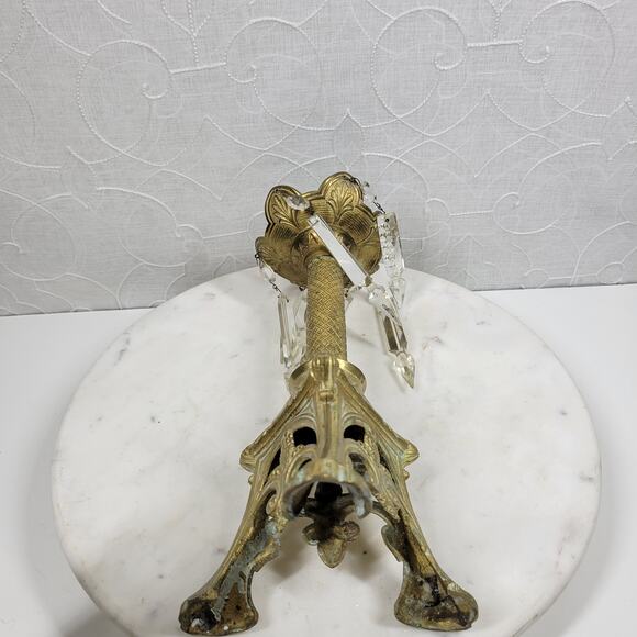 Antique Brass Candlesticks 11" Gold Candle Holder Crystal Prisms Ornate Art Deco - Picture 7 of 16